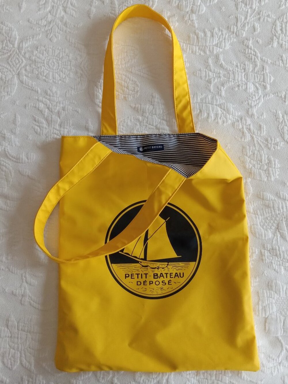 Adorable PETIT BATEAU Waterproof Yellow Tote w/navy striped lining